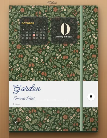 A botanical notebook with a calendar and the moon phase