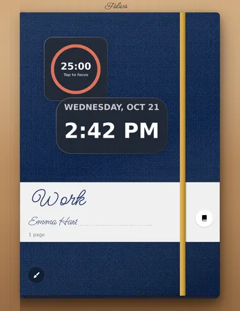 A navy canvas notebook with a focus timer and the date and time
