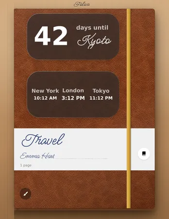 A cognac leather notebook with a countdown to Kyoto and world clocks