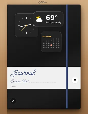 A black linen notebook with clock, weather and calendar widgets