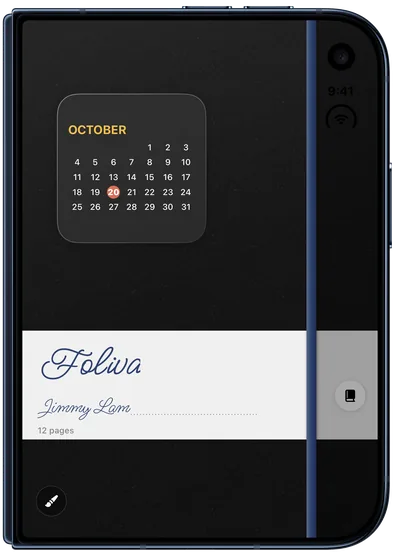 iPhone Duo, closed: the outer display shows a black linen cover with the Foliva label and a calendar widget