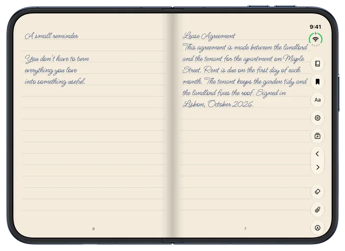 iPhone Duo, open: a lease agreement turned into handwritten text, beside a small reminder