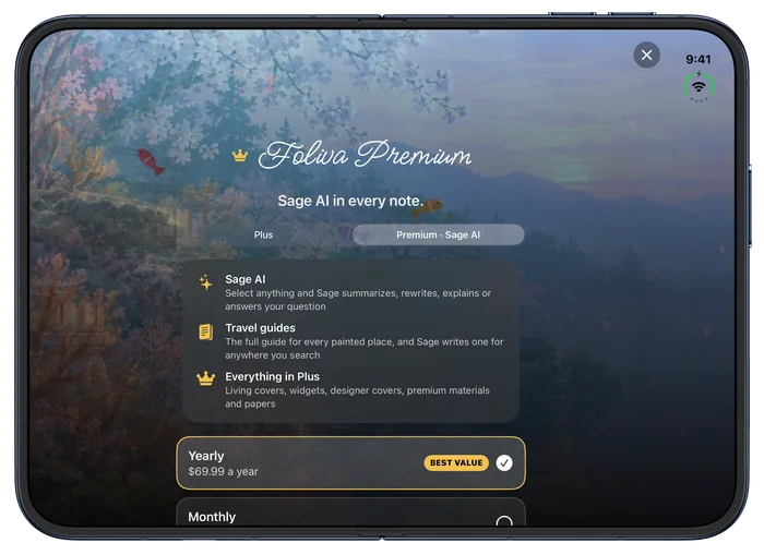 iPhone Duo, open: Foliva Premium with Sage AI, travel guides and everything in Plus
