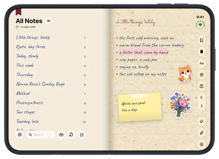 iPhone Duo, open: All Notes beside a page of little things, with a sticky note and stickers