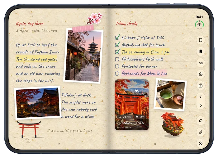 iPhone Duo, open: a Kyoto travel journal with photos, a Fushimi Inari travel card and stickers