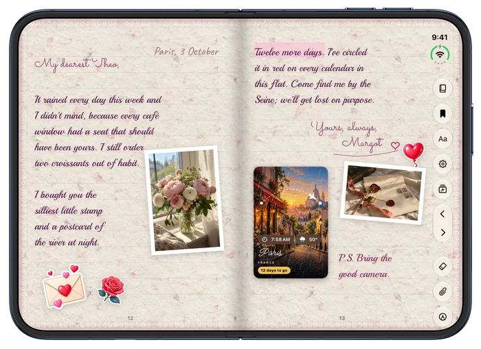 iPhone Duo, open: a love letter from Paris on rose lace paper with photos, a travel card and stickers