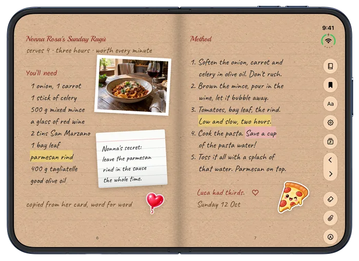 iPhone Duo, open: Nonna Rosa's Sunday ragù on kraft paper with a photo and a sticky note