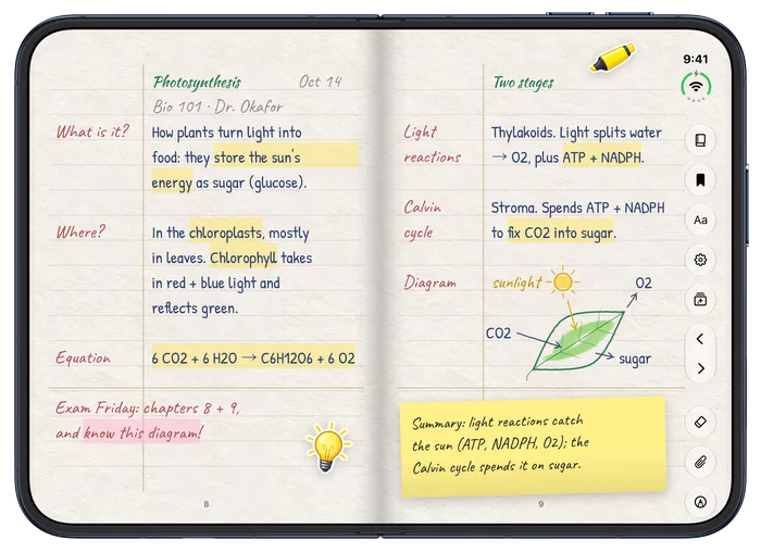 iPhone Duo, open: study notes on photosynthesis in a Cornell layout with highlights and a sticky note