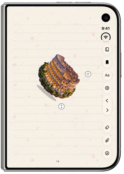 iPhone Duo outer display: a 3D model of the Colosseum on a lined page