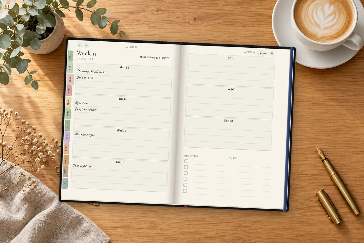 Top-down view of the weekly planner's Week 11 spread, Monday to Sunday with handwritten plans, priorities and notes, on an oak desk with a latte, a fountain pen and eucalyptus.