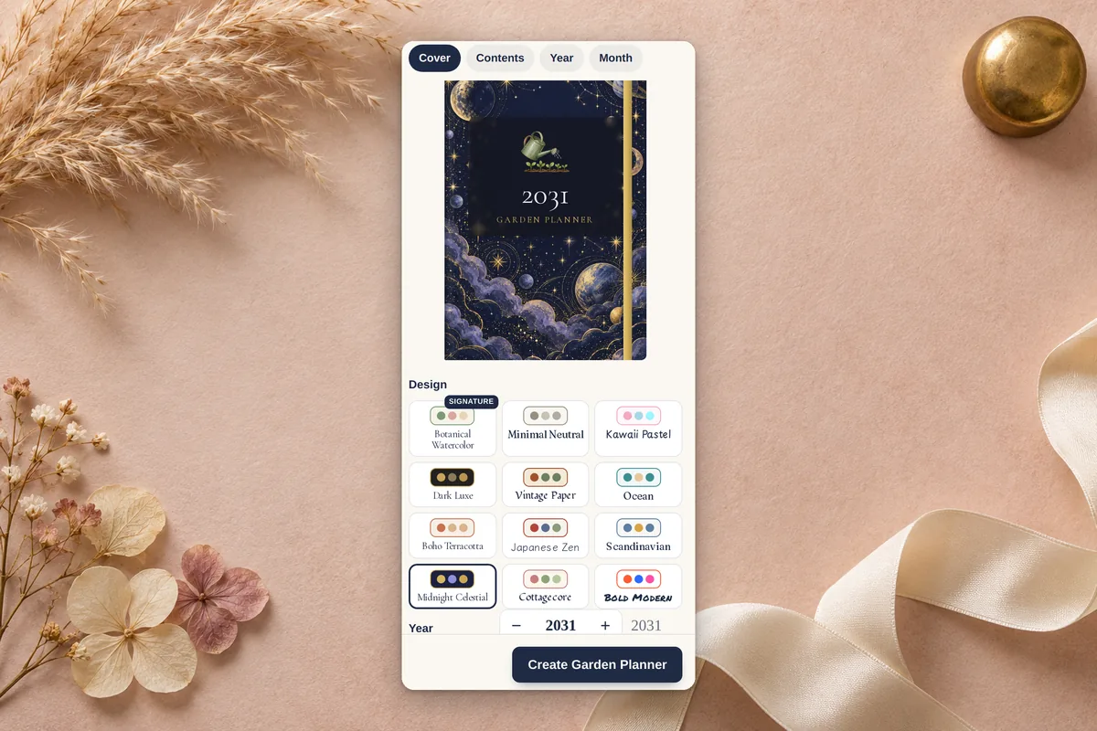 Close-up of the New Planner preview: a 2031 Garden Planner cover in the Midnight Celestial design, Cover/Contents/Year/Month preview tabs, twelve design themes, the year stepper set to 2031, and the Create Garden Planner button.