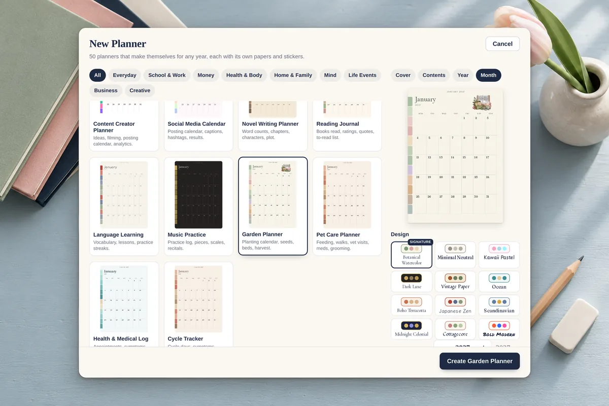 The New Planner sheet: 50 planner types in categories (Everyday, School & Work, Money, Health & Body, Home & Family, Mind, Life Events, Business, Creative) with a live month preview and design themes.
