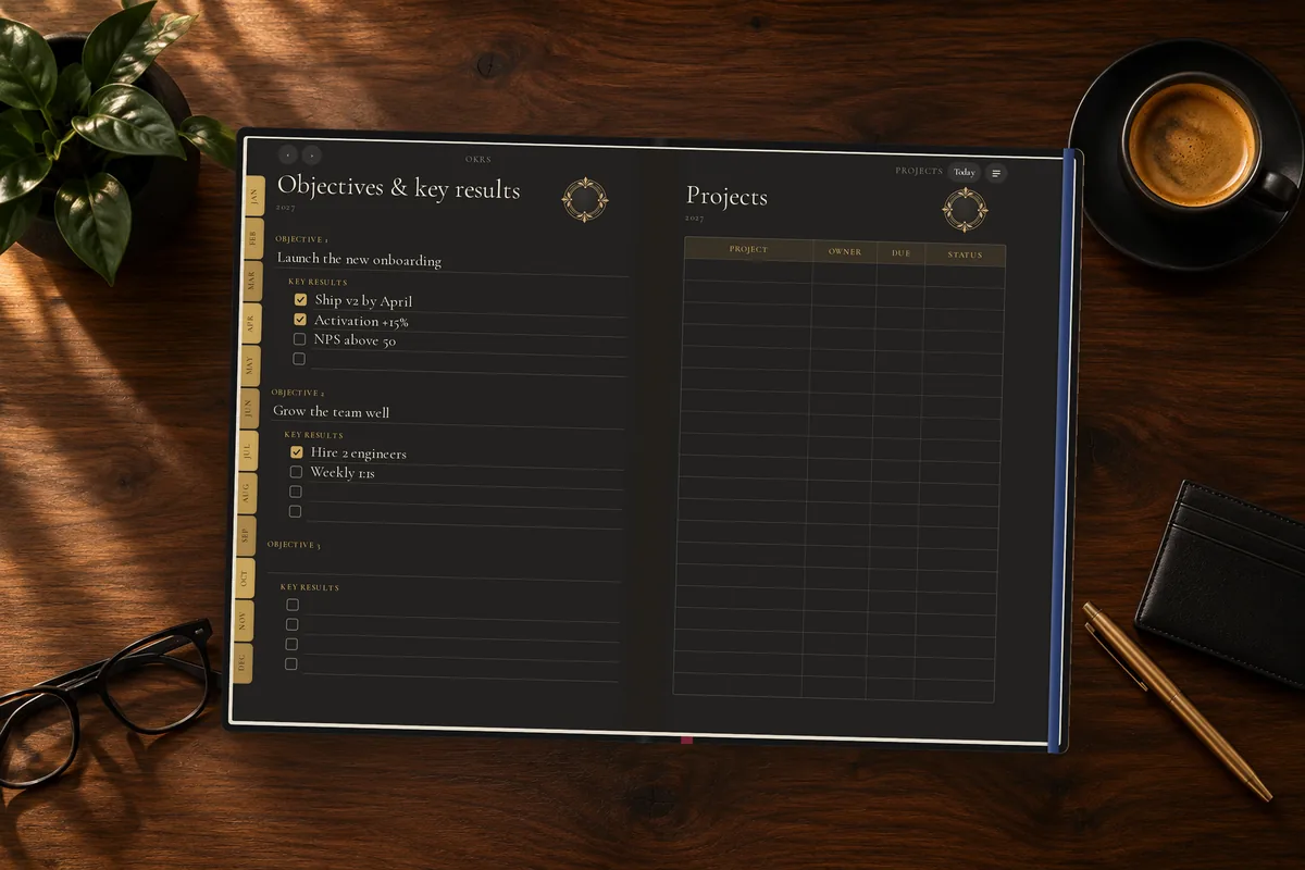 The work planner in the Dark Luxe theme: an objectives and key results page with checked key results beside a projects table, on a walnut desk with an espresso and a brass pen.
