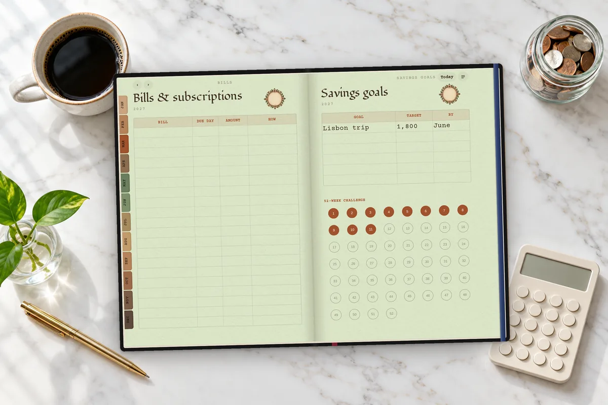 The budget planner's bills and subscriptions table and savings goals page with a 52-week savings challenge, on a white marble desk with coffee, a coin jar and a calculator.