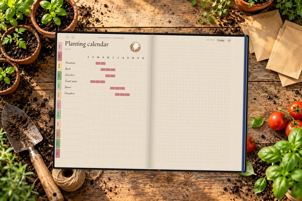 The garden planner's planting calendar, a month-by-month bar chart for tomatoes, basil, zucchini, sweet peas, beans and pumpkins, on a rustic potting bench with seedlings and seed envelopes.