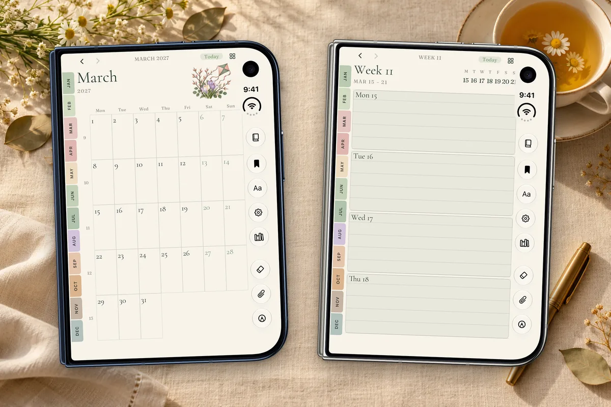 Two folded iPhone Duo phones running Foliva: the 2027 weekly planner's March month page on a Night Sky Duo and its Week 11 page on a Star White Duo, on a cream linen table with chamomile tea.
