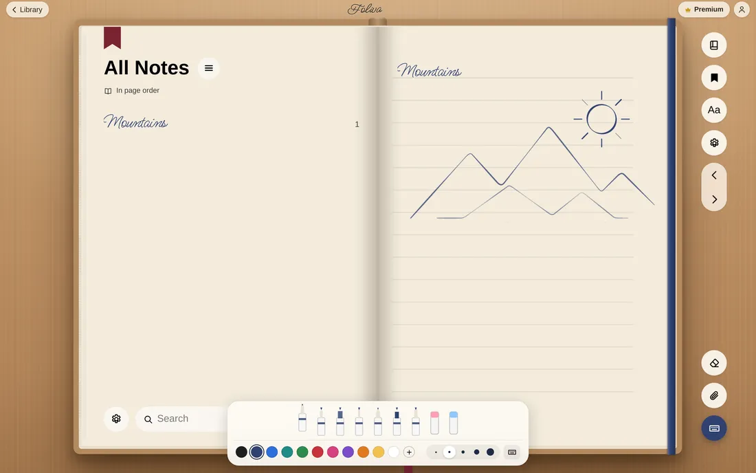 Foliva on the web in drawing mode: the pen tray under a page with a drawn sun and mountains