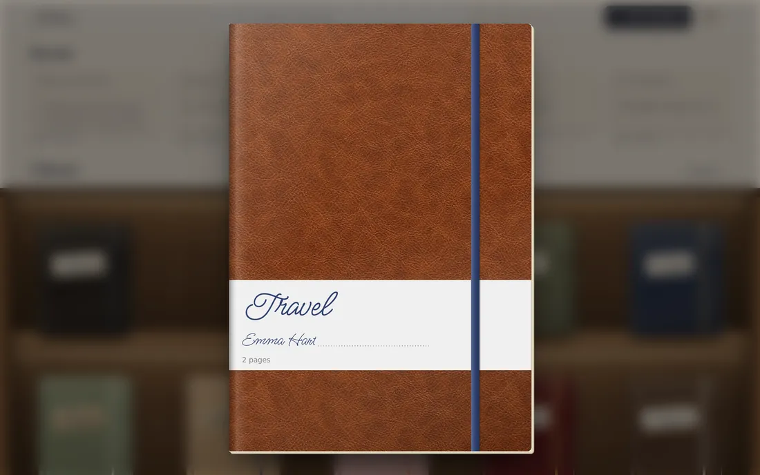 A cognac leather notebook called Travel comes forward from the shelf