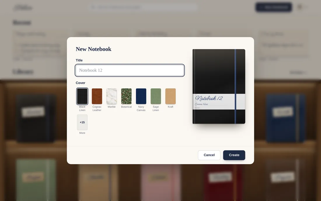 The New Notebook sheet: a title, a row of cover materials and a preview