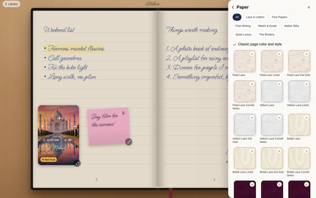 The Paper gallery beside the open notebook: collections and lace, vellum and bridal papers