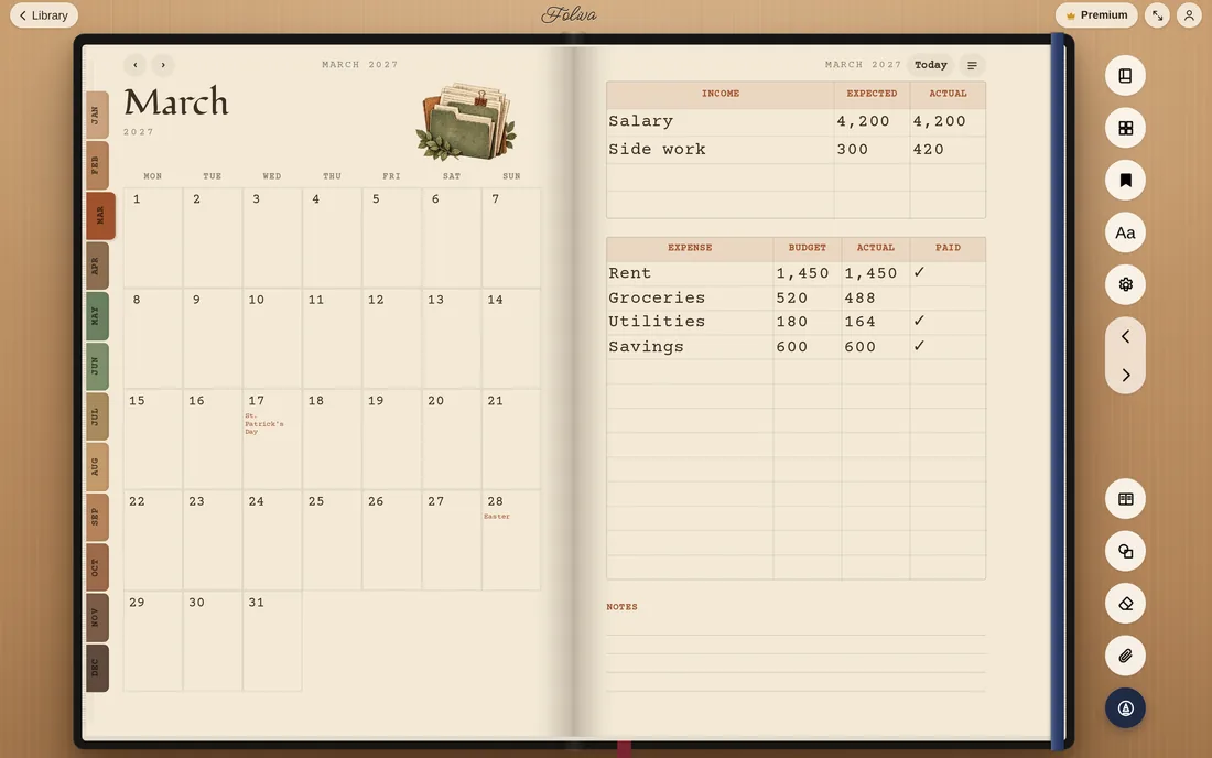 A Budget planner in Vintage Paper: March with income and expenses in a ledger