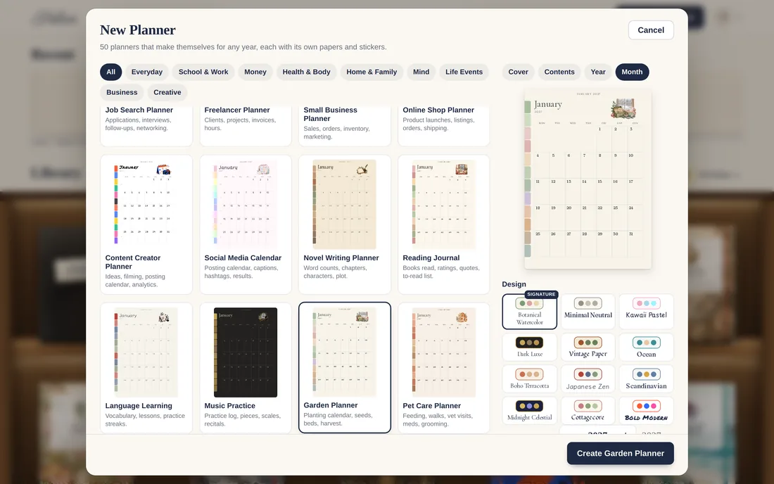 The New Planner sheet: planner types with live previews, design themes and the year