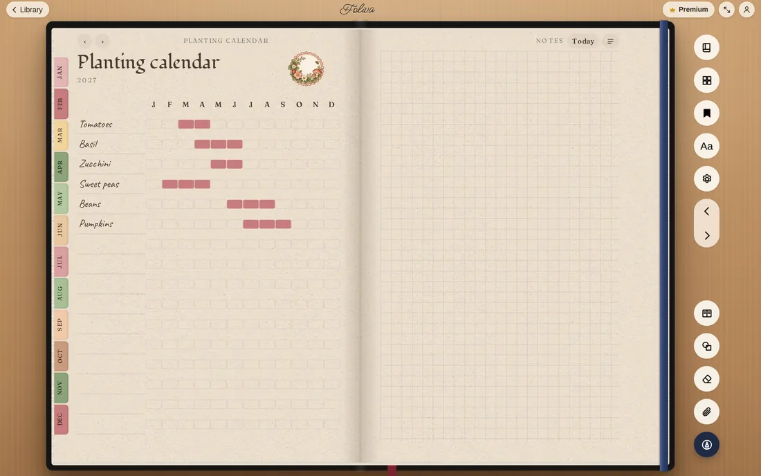 A Garden planner in Cottagecore: a planting calendar with crops across the months on seed-packet kraft paper