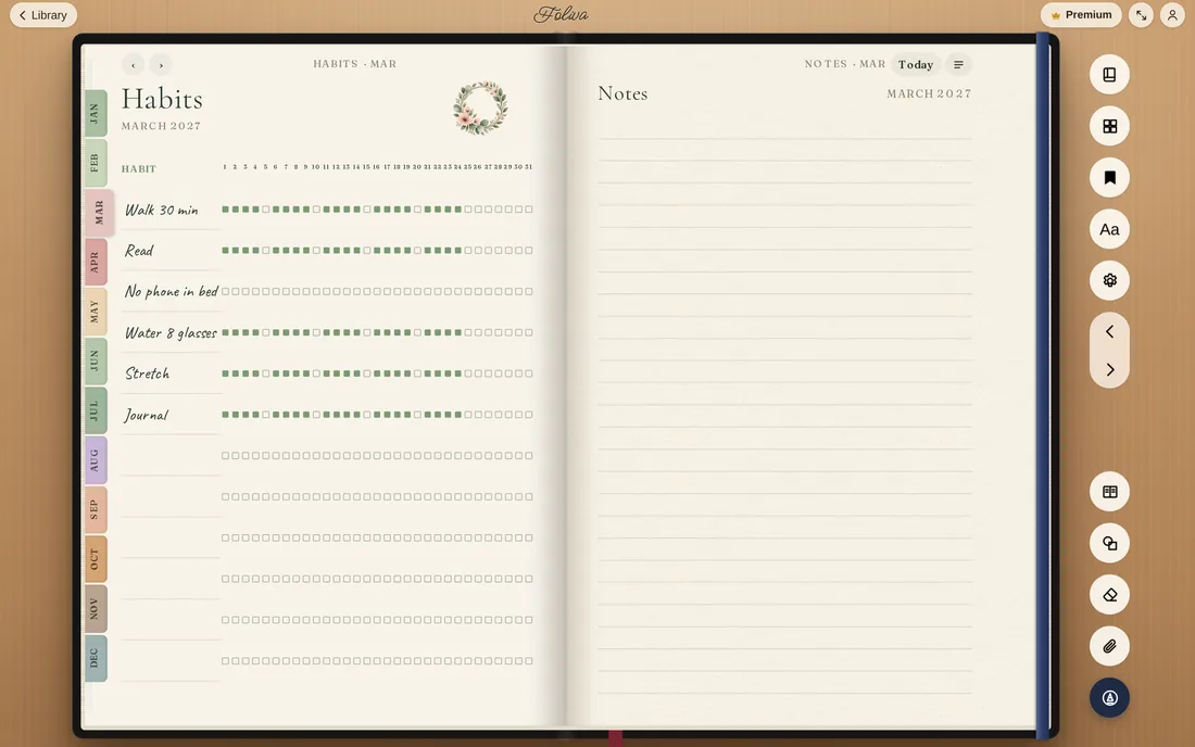 A March habit tracker with six named habits and their ticks
