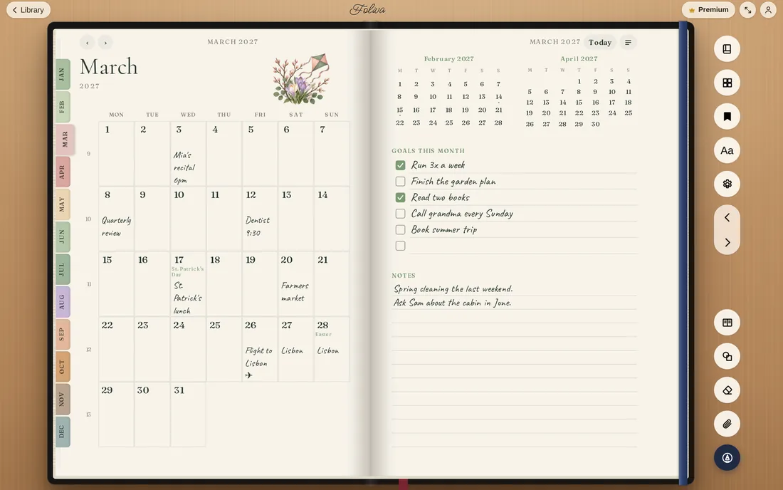 The March 2027 month spread of a Weekly Planner: the month grid with typed events, goals ticked and notes, a watercolor illustration and month tabs