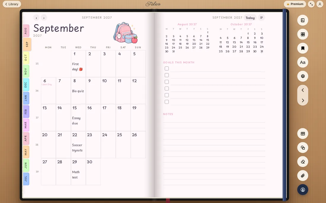 A Student Planner for the 2027–28 school year in Kawaii Pastel, September 2027 with class events and Labor Day