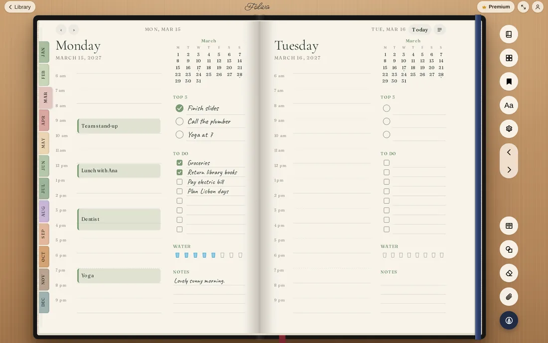Monday, March 15, 2027: the day's timeline with appointments, top three and to-dos