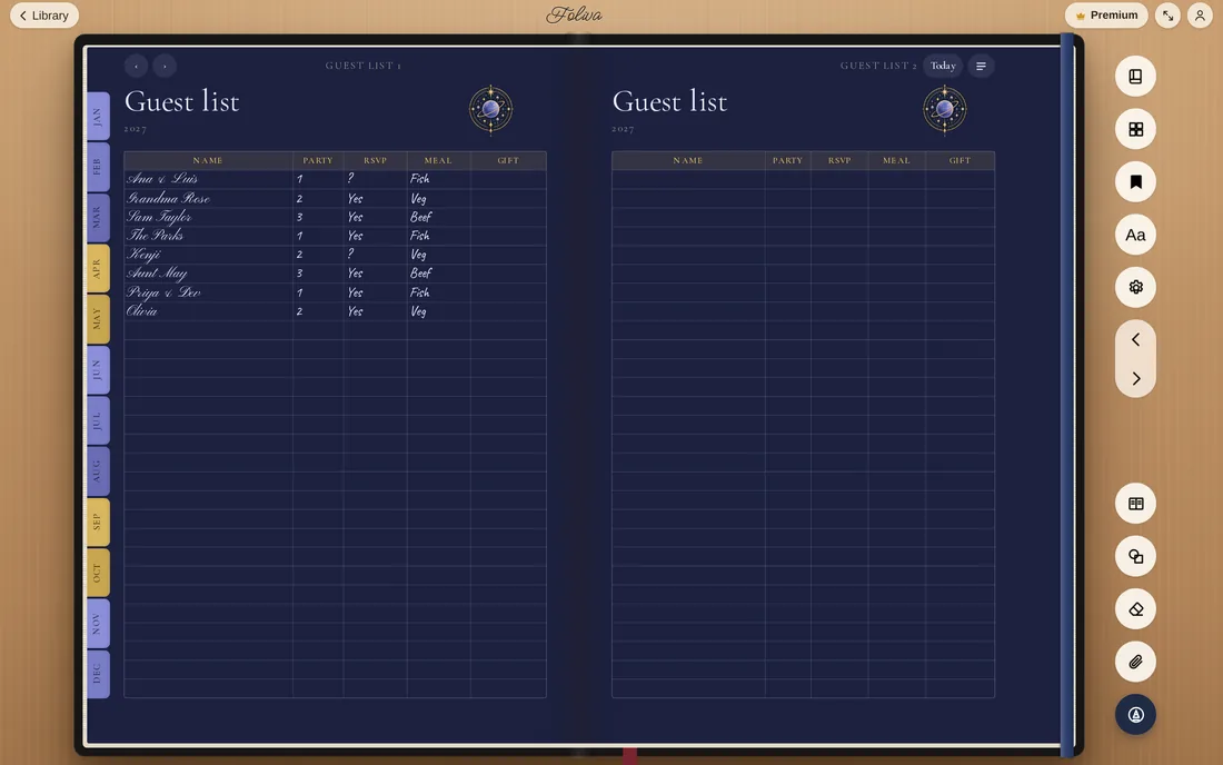 A Wedding Planner in Midnight Celestial: the guest list with party sizes, RSVPs and meals