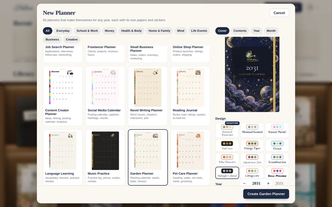 The New Planner sheet set to 2031 with the Midnight Celestial design and its cover