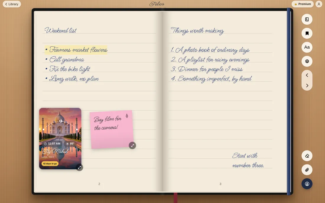 The open notebook: a weekend list with a highlight, a Taj Mahal travel card and a pink sticky note, and a page of things worth making