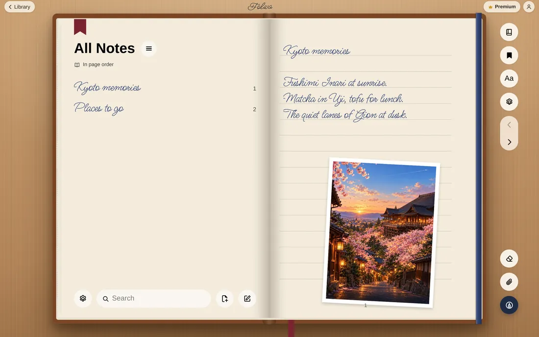 The Travel notebook open on the web: All Notes beside Kyoto memories with a photo
